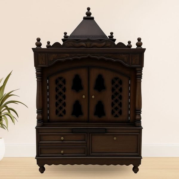 Traditional Wooden Pooja Mandir with Doors and Storage Drawers