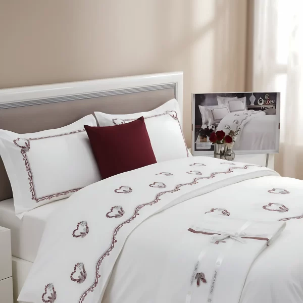 Demet White & Burgundy Heart Embroidered Duvet Set (6-Piece)