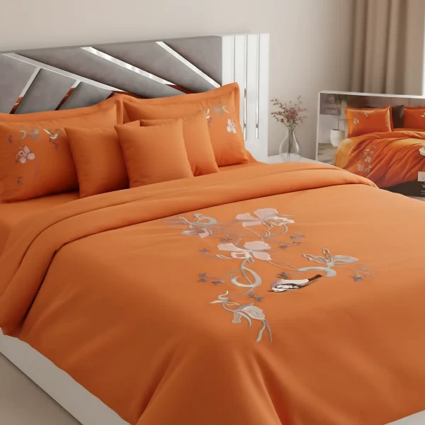Tiamo Sunset Orange Embroidered Turkish Cotton Duvet Set (6-Piece)