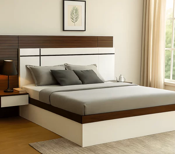 Modern White and Dark Wood Bed with Headboard – Stylish King Size Bed - Image 2