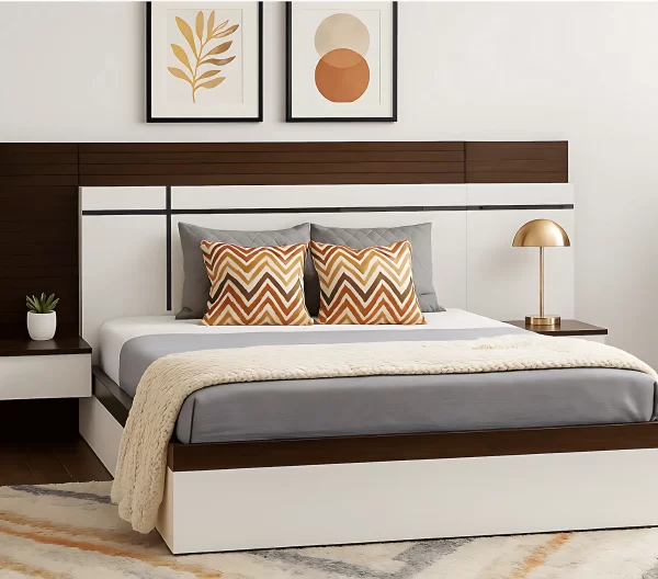 Modern White and Dark Wood Bed with Headboard – Stylish King Size Bed
