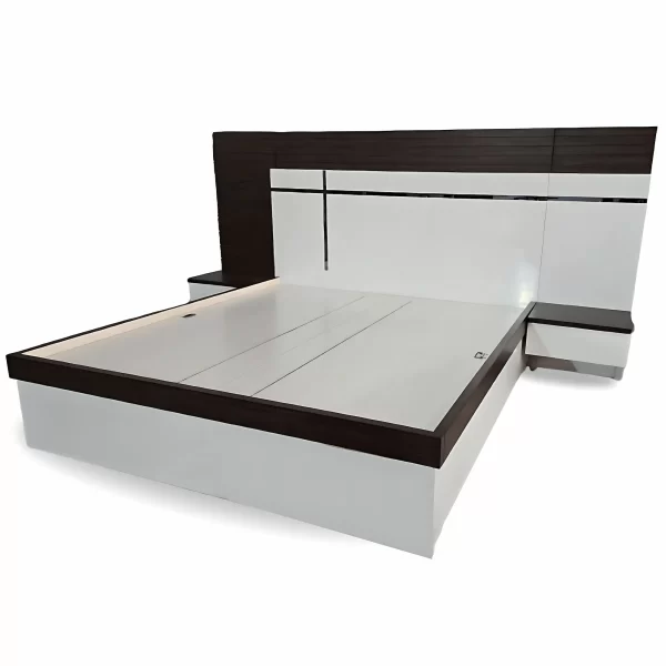 Modern White and Dark Wood Bed with Headboard – Stylish King Size Bed - Image 3