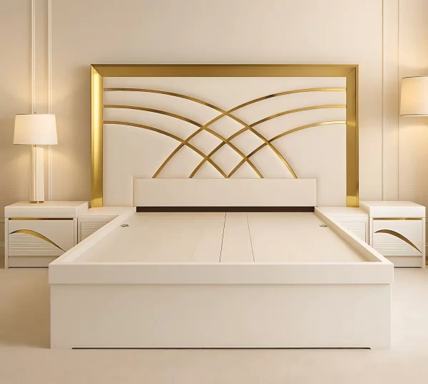 Luxury White King Size Bed with Designer Upholstered Headboard