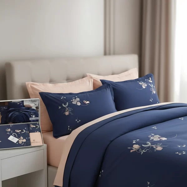 Tiamo Navy & Peach Embroidered Duvet Cover Set(6-Piece Set)