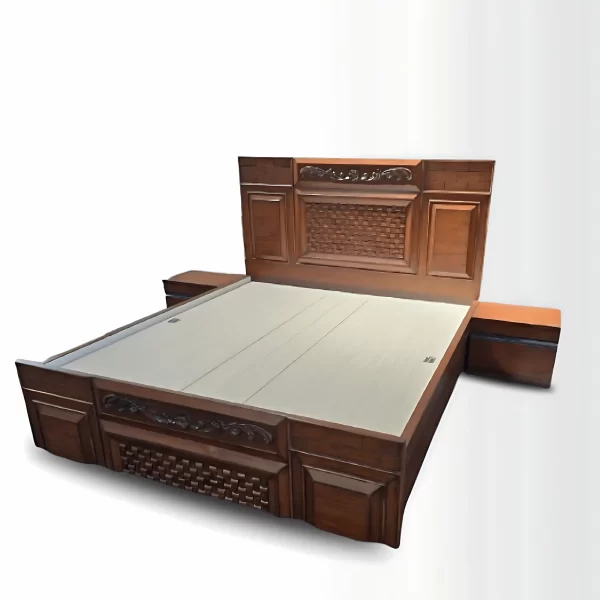 Classic Wooden Bed with Carved Headboard – Solid Wood King Size Bed with Storage - Image 3