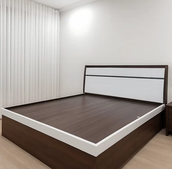 Modern Wooden Bed with Headboard – Minimalist Walnut Finish Queen Size Bed
