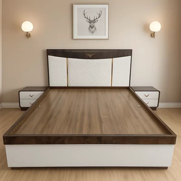 Modern King Size Wooden Bed with Storage & Quilted Headboard