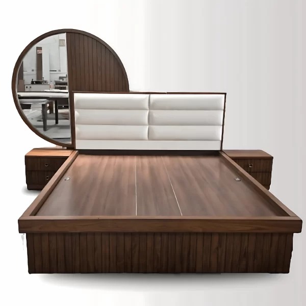 Modern Wooden Bed with Round Mirror Headboard & Upholstered Backrest – Designer King Size Bed - Image 3