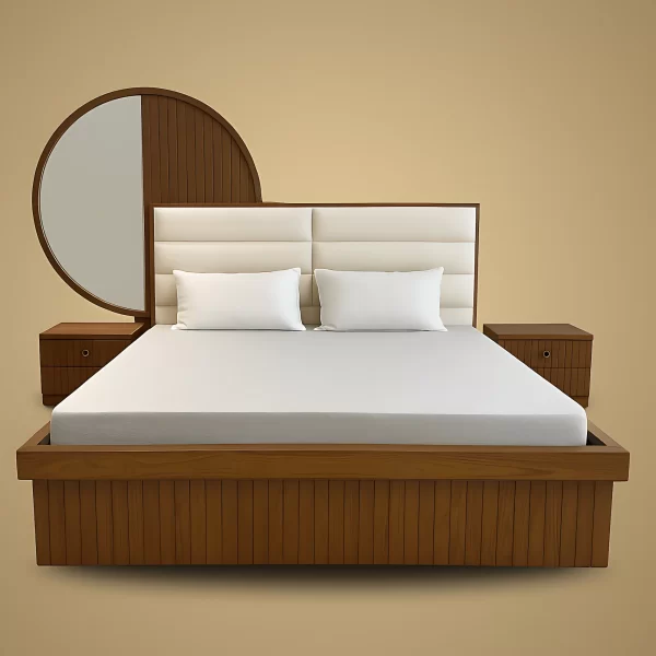 Modern Wooden Bed with Round Mirror Headboard & Upholstered Backrest – Designer King Size Bed - Image 2
