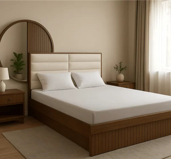Modern Wooden Bed with Round Mirror Headboard & Upholstered Backrest – Designer King Size Bed