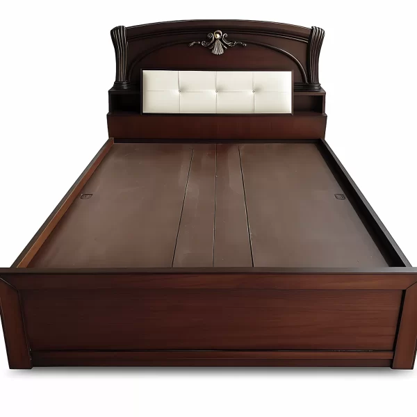 Royal Wooden Bed with Upholstered Headboard & Elegant Carving - Image 2