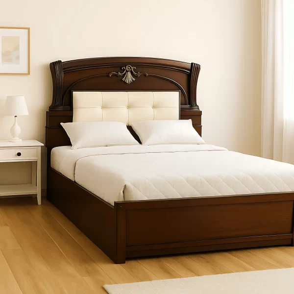 Royal Wooden Bed with Upholstered Headboard & Elegant Carving