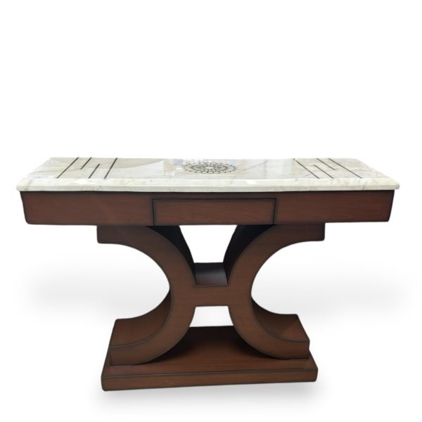 Curvilinear Pedestal Console Table with Multi-Inlaid Marble Top - Image 2