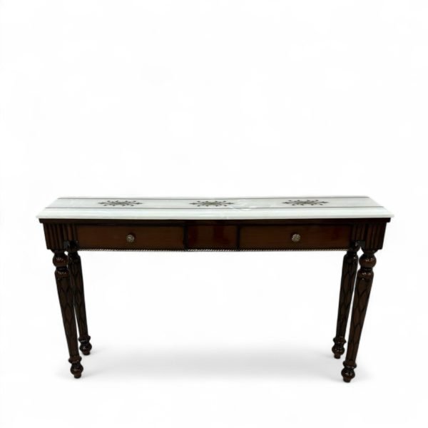 Mahogany Console Table with White Marble Top and Inlaid Accents - Image 3