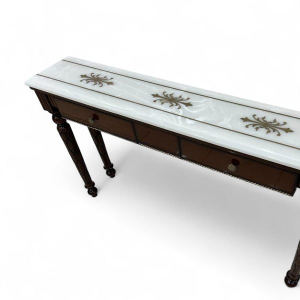 Mahogany Console Table with White Marble Top and Inlaid Accents - Image 2