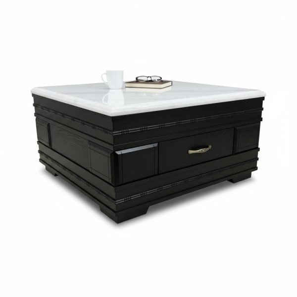Elegant Dark Wood Coffee Table with White Marble Top Drawer - Image 3