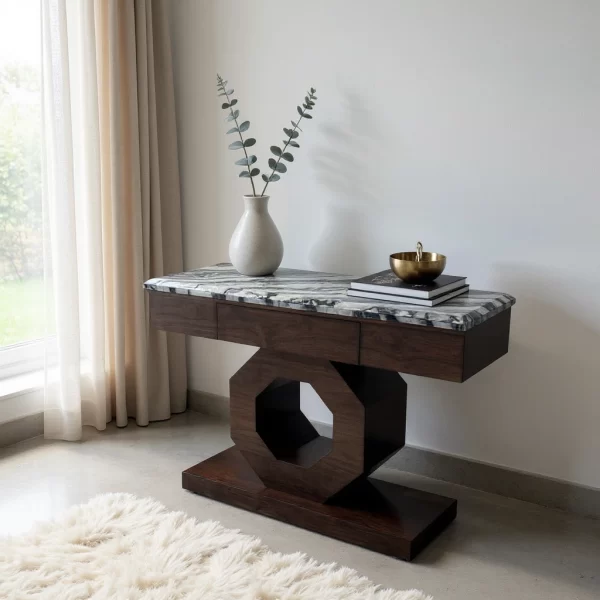 Z-Shaped Pedestal Console Table with Dark Marble Top
