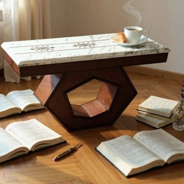Hexagonal Pedestal Console Table with Inlaid Marble Top