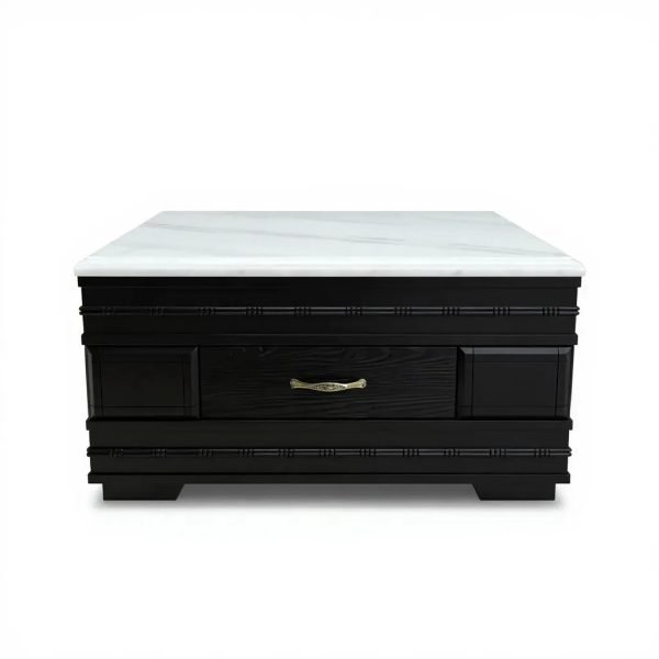 Elegant Dark Wood Coffee Table with White Marble Top Drawer - Image 2