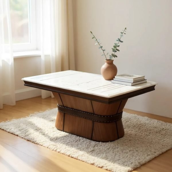 Trunk-Inspired Console Table with White Marble Top and Studded Leather