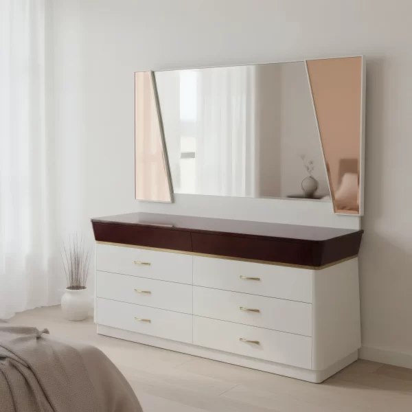 Minimalist White and Mahogany Dresser with Geometric Mirror