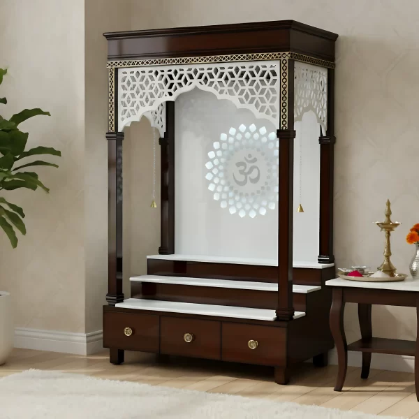 "Om" White Marble & Wood Mandir