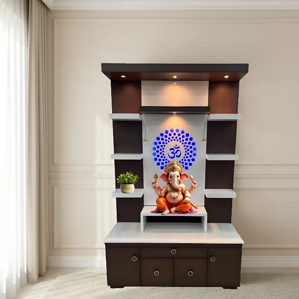 Modern Wooden Mandir with LED Lights & Storage