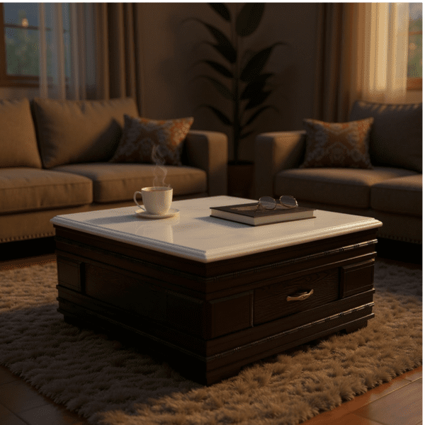 Elegant Dark Wood Coffee Table with White Marble Top Drawer