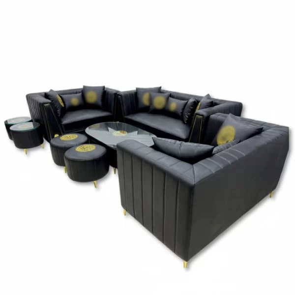 Luxurious Black Leather Sofa Set with Golden Accents - Image 2