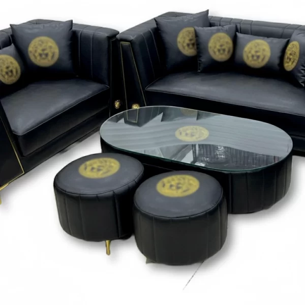 Luxurious Black Leather Sofa Set with Golden Accents - Image 3
