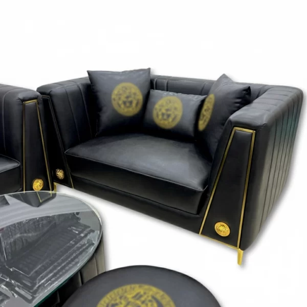 Luxurious Black Leather Sofa Set with Golden Accents - Image 5
