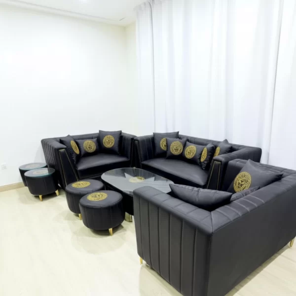 Luxurious Black Leather Sofa Set with Golden Accents - Image 4