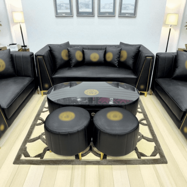 Luxurious Black Leather Sofa Set with Golden Accents - Image 6