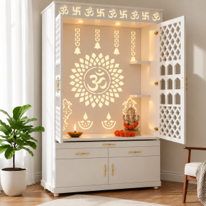 Luminous White Pooja Unit with Intricate Cutouts
