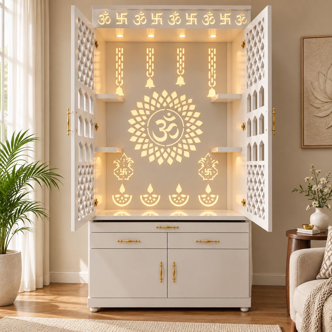 Luminous White Pooja Unit with Intricate Cutouts - Image 2