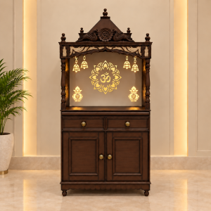 Traditional Wooden Temple with Om-Surya Backlight and Cabinet Storage