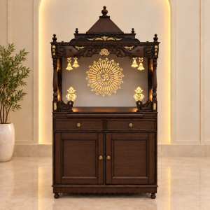 Traditional Carved Wooden Temple with Om Backlight and Base Cabinet