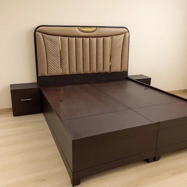 Queen Bed with Tan Upholstery and Gold Accents