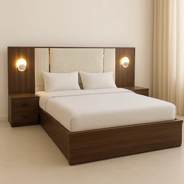 Luxe King Bed with Paneled Headboard, Integrated Lighting, and Nightstands