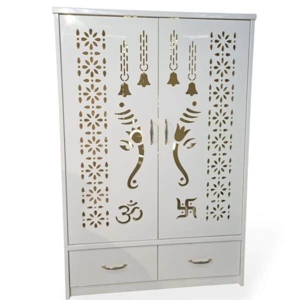 Tall White Cabinet Mandir with Ganesha & Floral Cutouts - Image 2