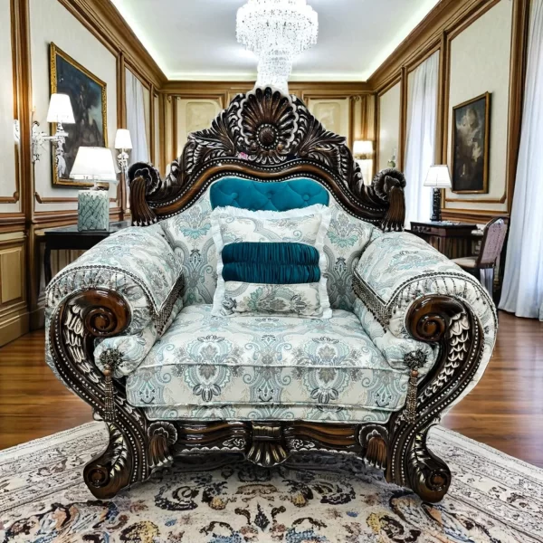 Grand Baroque Carved Armchair with Paisley and Tufted Upholstery