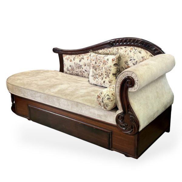 Classic Carved Wood Lounge Chair with Floral Pillows - Image 2