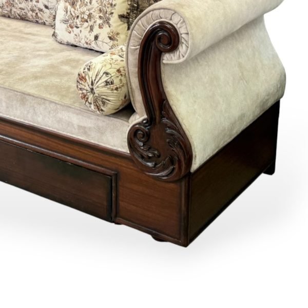 Classic Carved Wood Lounge Chair with Floral Pillows - Image 3