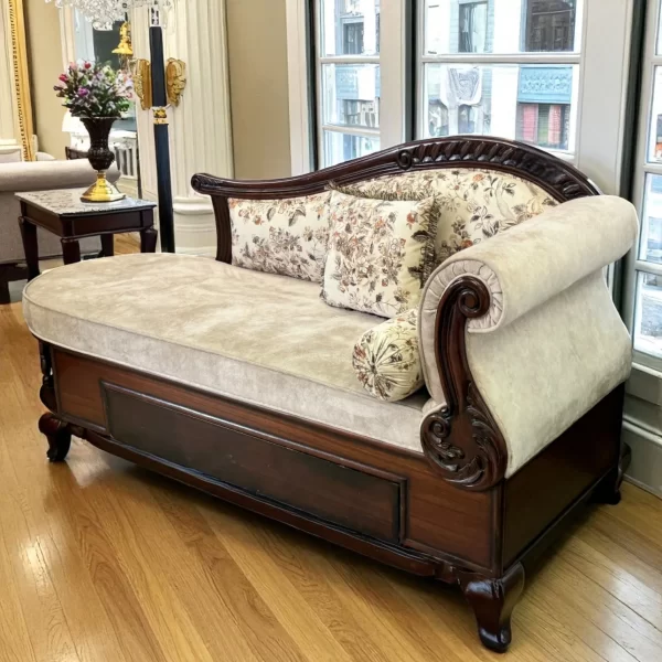Classic Carved Wood Lounge Chair with Floral Pillows