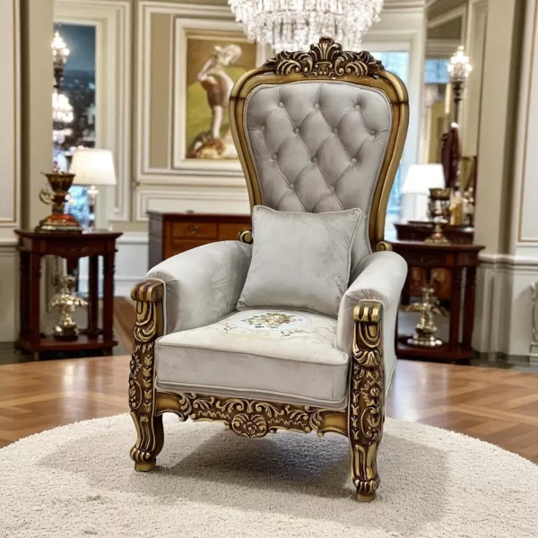 Grand Regal Tufted Armchair with Gilded Carvings