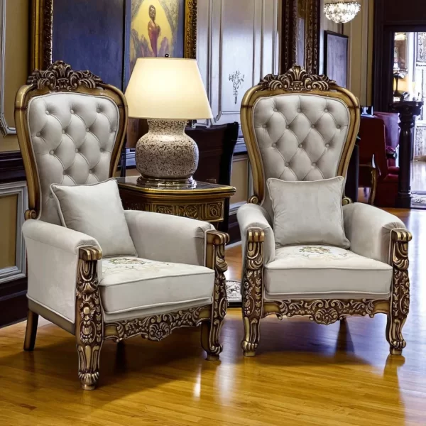 Opulent French Provincial Tufted Armchairs with Gold Leaf Carvings