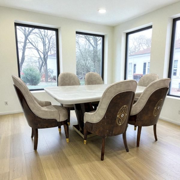 Contemporary Marble-Top Dining Set with Art Deco Chairs