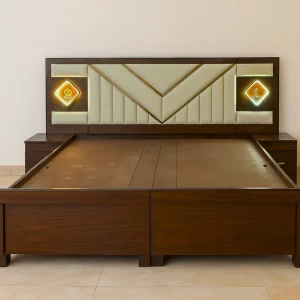 King Bed with Geometric Upholstery and Illuminated Panels