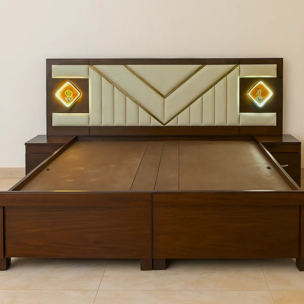 King Bed with Geometric Upholstery and Illuminated Panels