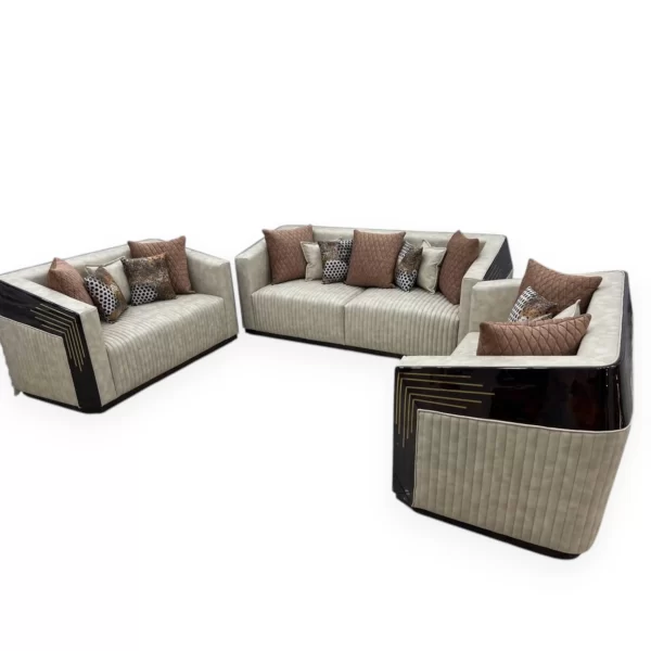Cream Ribbed Sofa Set with Geometric Accents - Image 2